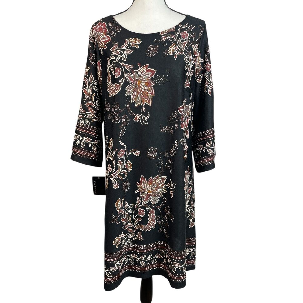 Stella & Julie Women's Dress 16W Black Red Floral 3/4 Sleeve Knee Length NWT